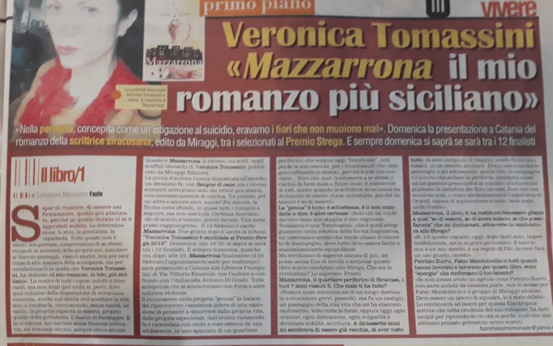 Veronica Tomassini “Mazzarrona il mio romanzo più siciliano” di Salvatore Massimo Fazio su Vivere
